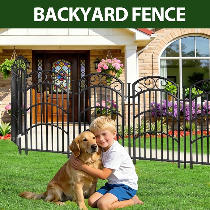 8 Panels Decorative Garden Fence, 40in(H)×18Ft(L) Heavy Duty Metal Outdoor Dog Fence Rustproof Square Tube No Dig Animal Barrier Border Fencing for Temporary Yard Patio Landscape