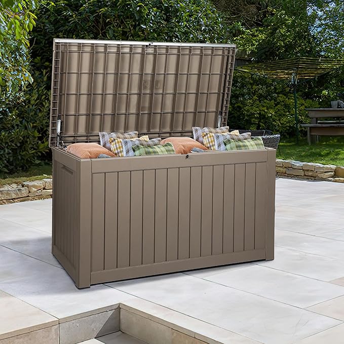 DWVO XXL 230 Gallon Deck Box, Extra Large Outdoor Storage Box for Gardening Tools, Patio Cushions, Waterproof and UV Resistant Resin (Light Brown)