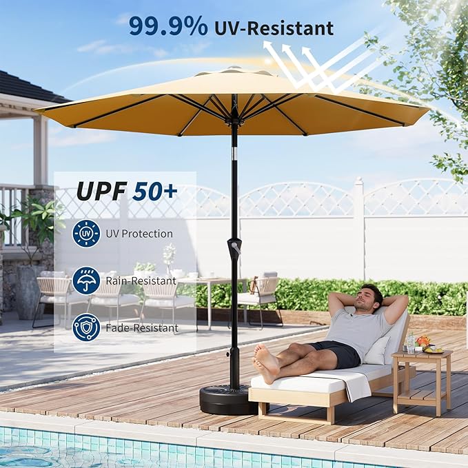 GarveeLife 9FT Umbrella Outdoor Patio, Table Umbrella with Push Button Tilt and Crank, 8 Sturdy Ribs Waterproof UV Protection for Garden, Pool, Deck, Backyard, Market (Yellow)