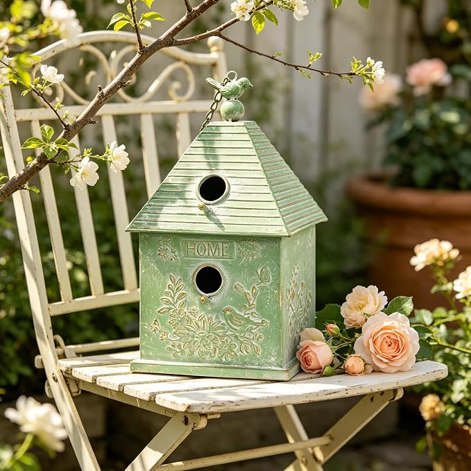 Distressed White Hanging Birdhouse with Home Emblem, Rustic Farmhouse Decorative Bird Nest Box for Outdoor Garden, Patio, Yard, Weathered Bird Shelter for Small Birds (Green)