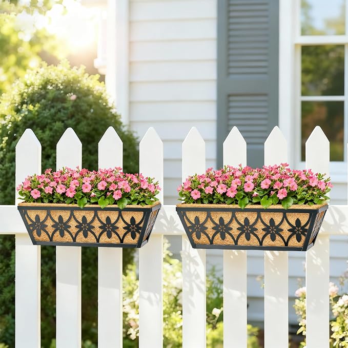 16 Inch Window Boxes Planters Railing Planter Box - 4 Pack Deck Railing Planter Boxes with Adjustable Brackets Coco Liners Balcony Planters Railing Hanging for Window Flower Boxes Outdoor Garden Decor