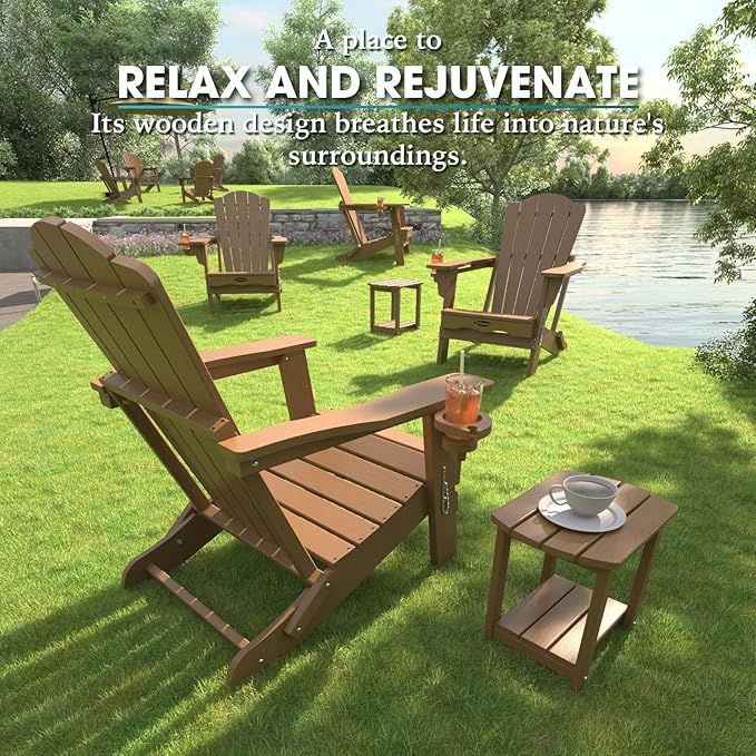 THOEOE Folding Adirondack Chair Set of 2, HDPE All-Weather Outdoor Chair with Cup Holder, Wooden Textured, Fire Pit Chair, Plastic Patio Chair for Deck, Backyard, Garden, Lawn