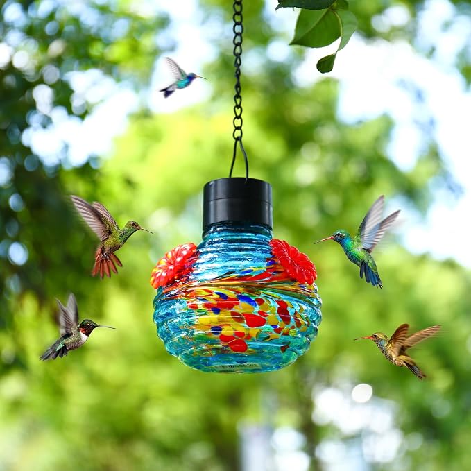 VOREEN Hand Blown Glass Solar Hummingbird Feeder for Outdoor Garden, Waterproof 17oz Hanging Feeder with Colorful Tail Pattern & LED Light, Daytime Bird Feeder & Night Decorative Lantern