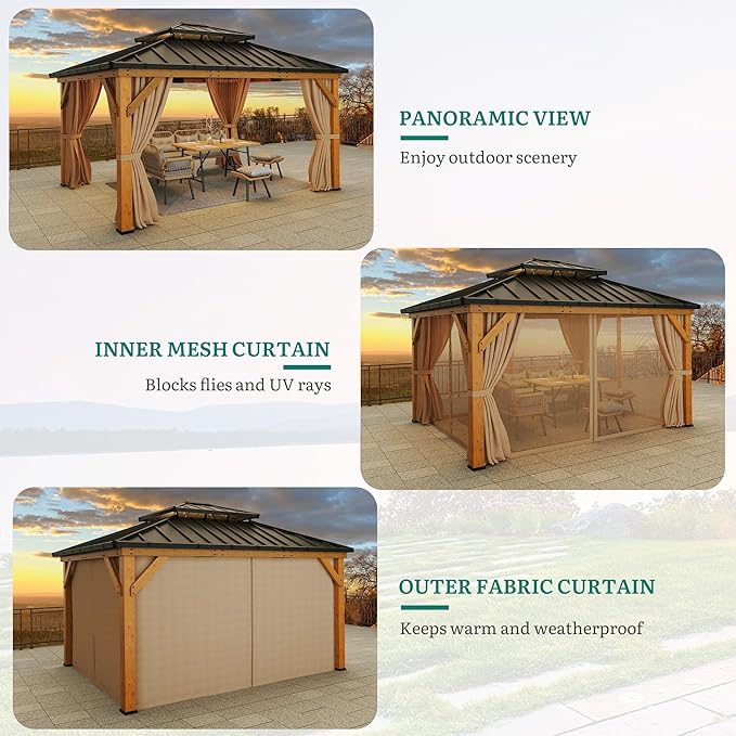 YITAHOME 13x15ft Wood Gazebo Outdoor Wooden Frame Double Roof Hardtop Galvanized Steel Top Canopy w/Curtain and Netting, Patio Heavy Duty Gazebo for Deck, Backyard, Beige Yellow
