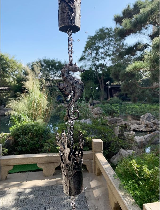 8.5 FT Rain Chains for Gutters, Ocean Themed Seahorse Rain Chain, Decorative and Functional Coral Cylinder Rain Catcher Chain for Downspouts, Metal Rain Chimes for Outside Garden Yard Decor