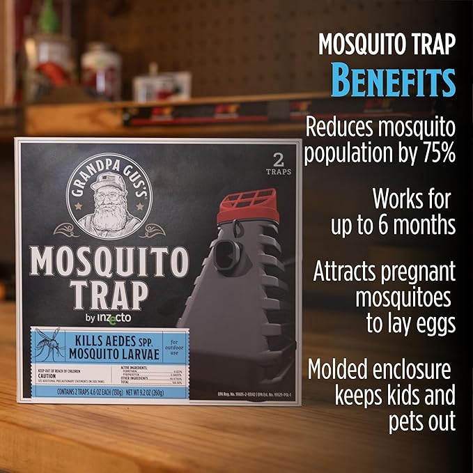 Grandpa Gus's Mosquito Trap and Outdoor Bug Killer - Water-Activated Larvae Control for Backyard, Patio, and Garden - Up to 35 Days & 1,500 Sq Ft of Protection Per Trap, 2 Pack