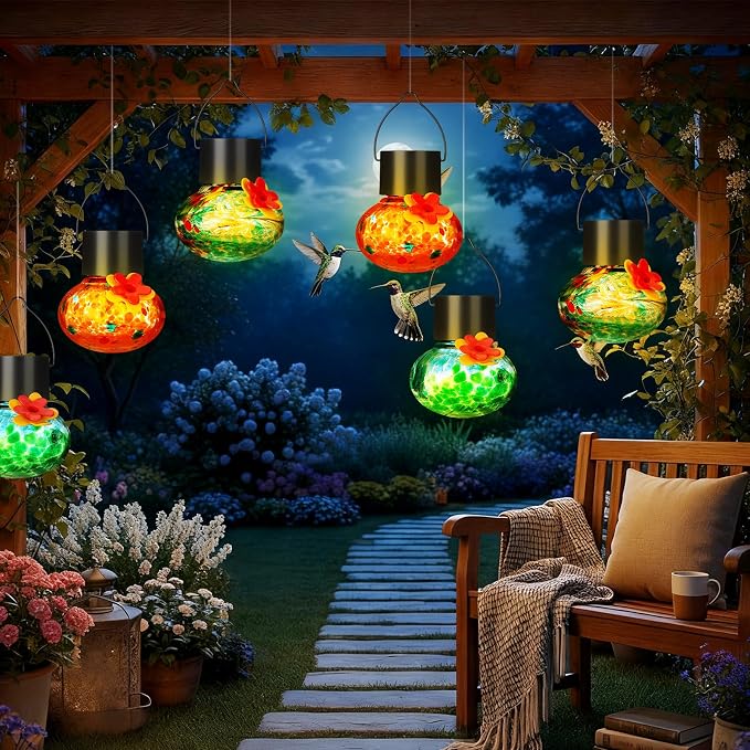 Nuogo 3 Pcs 3.54 Inch Blown Glass Hummingbird Feeders Solar Powered Hummingbird Feeder with LED Light for Garden Outdoors Window Decor Valentine Hanging Gifts Ant and Bee Resistant(Classic Colors)
