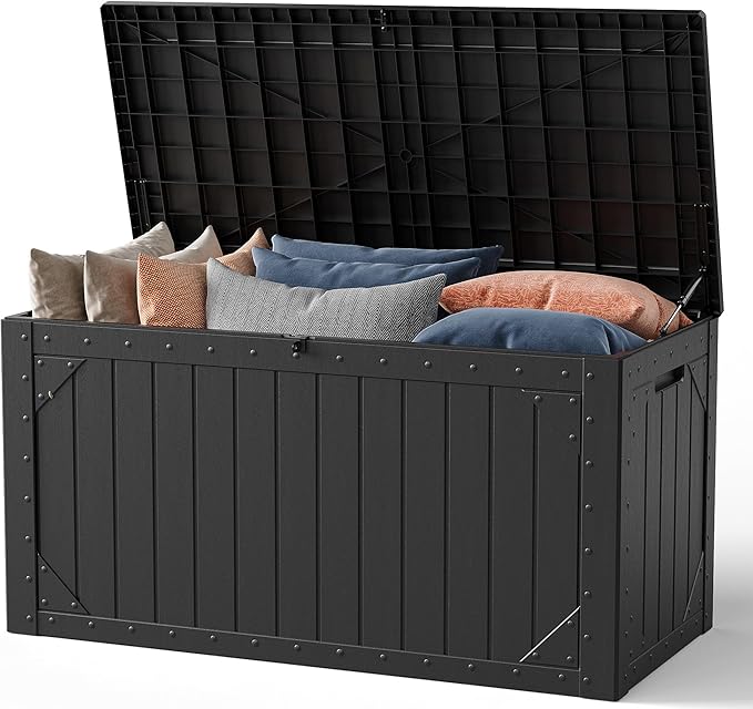 Outdoor Storage Box, 98 Gallon Deck Box, Outdoor Storage Bench, Waterproof Resin Storage Bench with Lockable Lid, Patio Furniture Cushions & Garden Tools Storage, UV Resistant (Black)