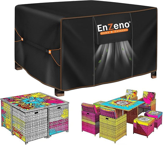 Enzeno Patio Furniture Set Cover Waterproof, Square Outdoor Table and Chair Set Covers, Heavy Duty Outside Weatherproof Garden Rattan Set Covers for Protection 60" L x 60" W x 28" H Black