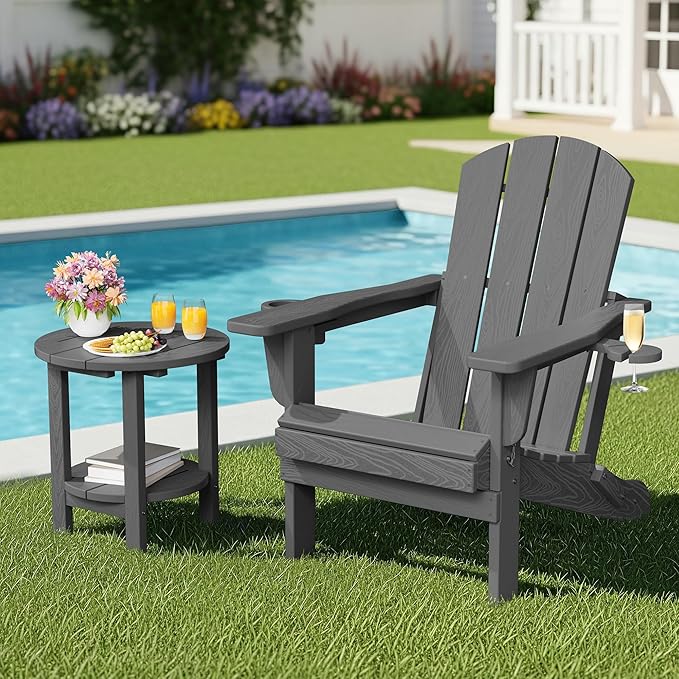 SERWALL Round Outdoor Side Table Set of 4, HDPE Small Adirondack Double End Table, Gary