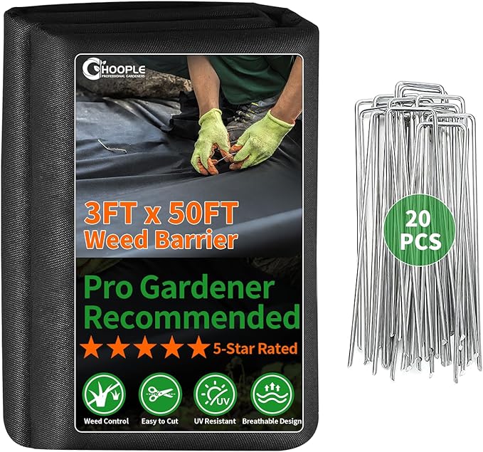HOOPLE 3FT*50FT remium Landscape Fabric Weed Barrier, Durable & Heavy-Duty, Thick Weed Barrier Fabric, Easy Setup & Superior Weed Control (with 20 pcs Garden Stakes)