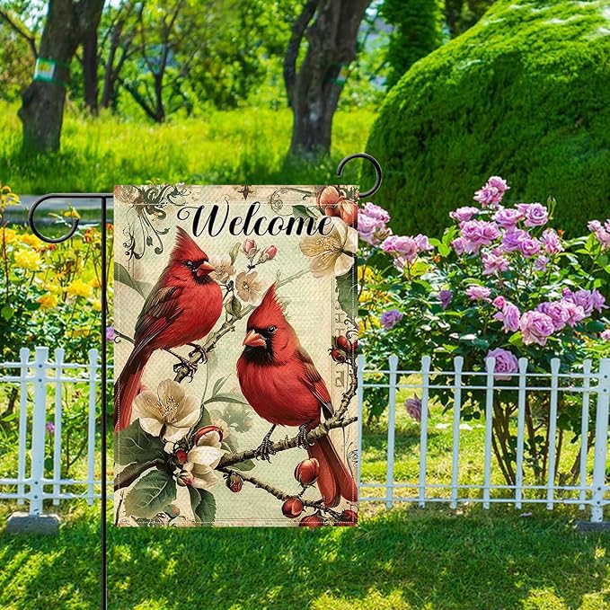Artofy Welcome Cardinal Small Decorative Garden Flag, Vintage Red Birds Magnolia Flower Yard Lawn Outside Decor, Retro Spring Summer Floral Burlap Outdoor Home Decoration Double Sided 12 x 18