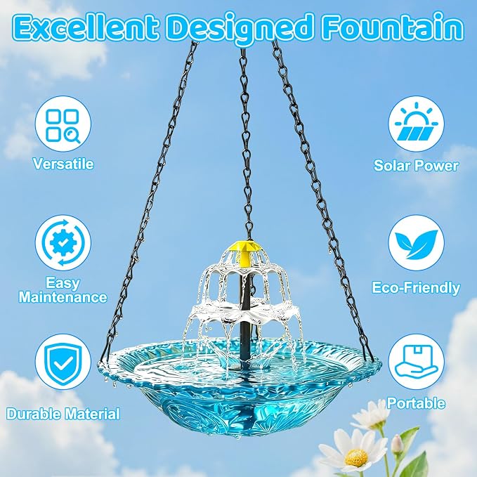Hanging Solar Bird Bath Fountain, 3 Layers Outdoor Cascading Bird Bath with Solar Pump, 3 Nozzles & Blue Glear Bowl, Attracts Wild Birds for Garden, Backyard, Pergola