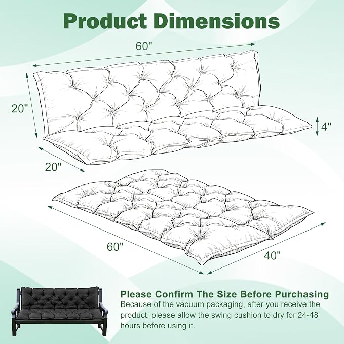 Porch Swing Cushions, 60x40 Inch Swing Cushions for Outdoor Furniture, Waterproof 3 Seater Patio Seat Cushion with Backrest, Replacement Bench Cushion for Glider, Settee, Dark Grey