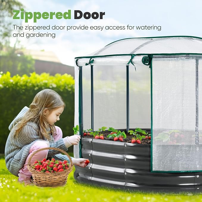 KING BIRD Raised Garden Bed with Cover Galvanized Oval Planter Garden Box Outdoor for Gardening, Vegetables, Flowers 4x3x1 Ft, White, GB-22W
