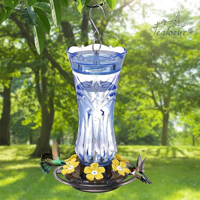Jealoeur Hummingbird Feeder for Outdoors Hanging, 18 OZ Humming Birds Feeders with 6 Bee Guard Feeding Ports & Built-in Ant Moat, Easy to Clean, Durable Outdoor Garden Decor, Blue