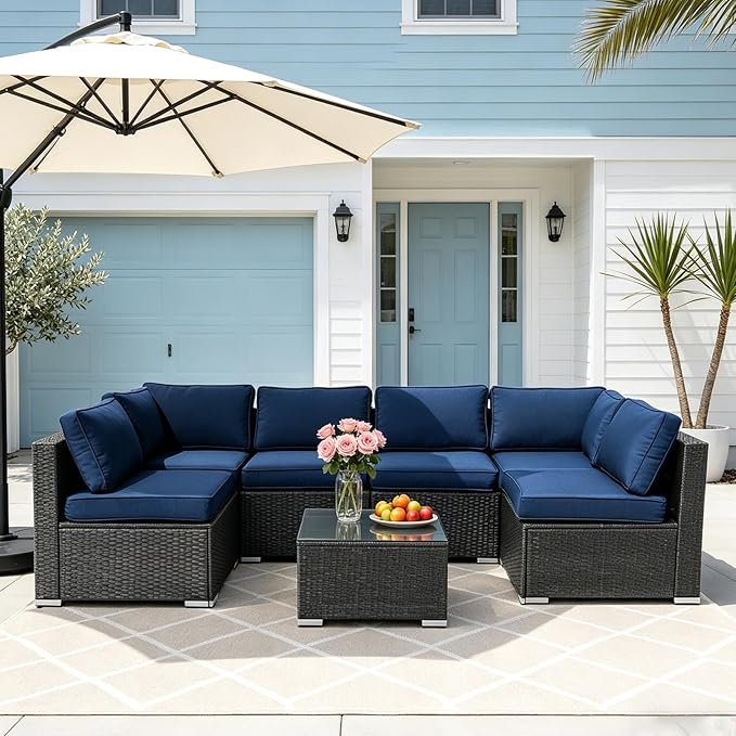 14Pcs Outdoor Cushion Covers Replacement Washable Waterproof UV w/Zipper for 6-Seaters Sofa Patio Slipcovers Set Seat and Back Covers Only (Dark Blue, 25.6x25.6inch)