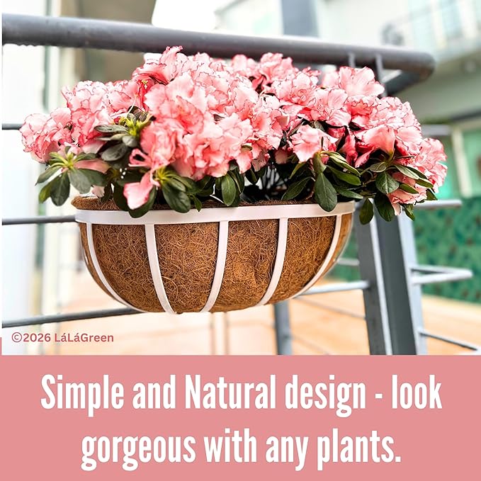 LaLaGreen Deck Railing Planters (2 Pack, 16 Inch) White Metal Rectangular Window Flower Box with Coco Liner, Wall Hanging Planter for Outdoor Plants Deck Rail Fence Balcony Patio Porch Garden Decor