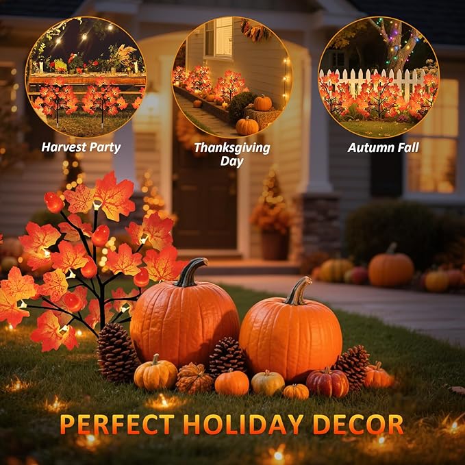Fall Decorations Outdoor, 4-Pack 80LED Maple Leaf Acorn Yard Stake Lights, Waterproof Solar Fall Lights Thansgiving Decorations Outdoor for Yard, Garden, Pathway Harvest Holiday Fall Decor