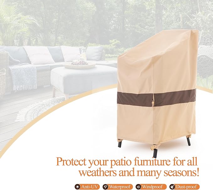 WJ-X3 Stackable Patio Chair Cover, Heavy Duty, Wind Resistant and Waterproof Outdoor Lawn Chair Covers, 28W x 36D x 45H, (4-6 Stacked Chairs), Beige/Coffee, 1-Pack