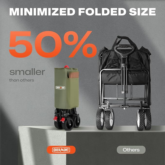Overmont Collapsible Wagon Cart with Wheels - 180L Foldable Heavy Duty Wagon with Big All-Terrain Wheels - 360Lbs Weight Capacity with Side Pockets for Camping Sports Garden Grocery Shopping Green