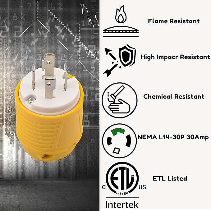 Sintron NEMA L14-30P 30 Amp, 125/250 Volt Twist Lock Plug, 3 Pole 4 Wire, ETL Listed, Male Plug Locking Connector for Generator Power Inlet Welder Power Tool Industrial Grade Grounding 3750/7500 Watt