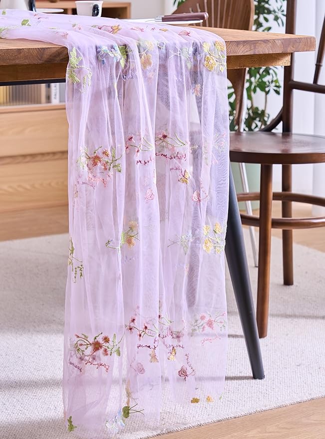 vctops 2 Packs Embroidery Lace Spring Table Runner 10ft Floral Garden Seasonal Tulle Table Runner Holiday Kitchen Dining Table Decoration for Wedding Party Baby Shower Birthday (Purple,30"x120")