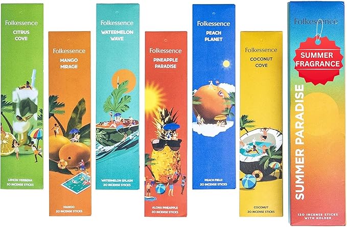 Folkulture Incense Sticks (120 Sticks) | Set of 6 Summer Vibes Fruit Incense for Air Freshener & Relaxation | No Charcoal, Organic, Non Toxic, 45 Mins Long Burning Mango, Coconut, Pineapple Insence