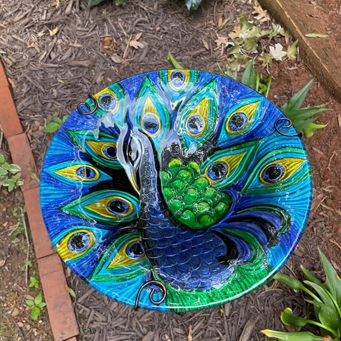 Peacock Bird Bath for Outside Glass Birdbath Bowl & Birdfeeder with Metal Stake for Garden, Yards Lawn Patio, Bird Lovers Gift 10.5" D