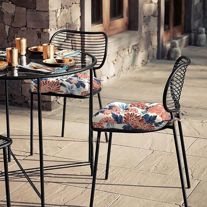 LVTXIII Outdoor/Indoor Tufted Seat Cushion, Decorative Wicker Chair Pads All Weather Seat Cushion Sets for Patio Garden Home Office Furniture, 19"x19"x4", Round Back, Pack of 2, Red Chrysanthemum