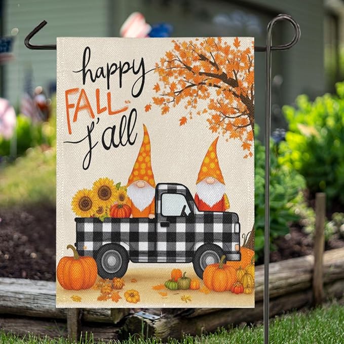 Happy Fall Pumpkin Truck Burlap House Flag 28x40 Inch Double Sided Outside Maple Leaves Tree Autumn Gnomes Seasonal Yard Outdoor Flag Banner for Garden Lawn Patio Holiday Decorations