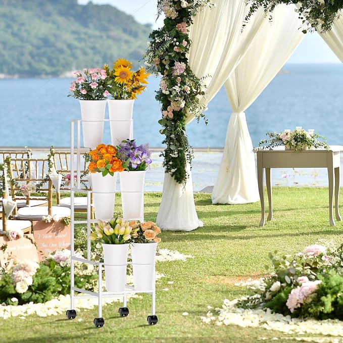 Flower Display Stand with 6 Buckets, Flower Cart with Wheels, 3 Layers Metal Flower Bar Stand Moving Flower Stand Florist Bouquet Shelf for Weddings Party Ceremony Indoor Outdoor Garden (White)