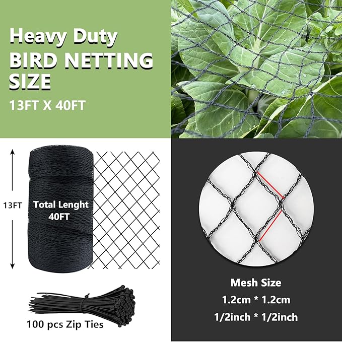 Bird Netting for Garden 13 x 40 FT Heavy Duty Black Garden Netting for Fruit Trees, Chicken Coop, Pond, Blueberry Bushes, Poultry & Deer Netting, HDPE Plant Protection Net Fence with Ties