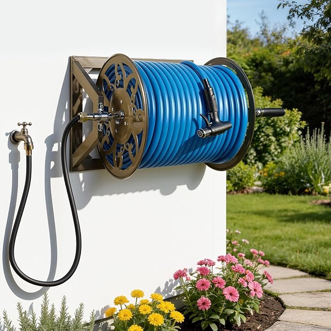 VEVOR Wall Mounted Garden Hose Reel, Holds 200 Feet of 5/8-inch Hose, Outdoor Heavy-Duty Waterhose Holder Winder, with Brass Connector, Decorative Pattern, Bronze Finish, for Backyards and Gardens