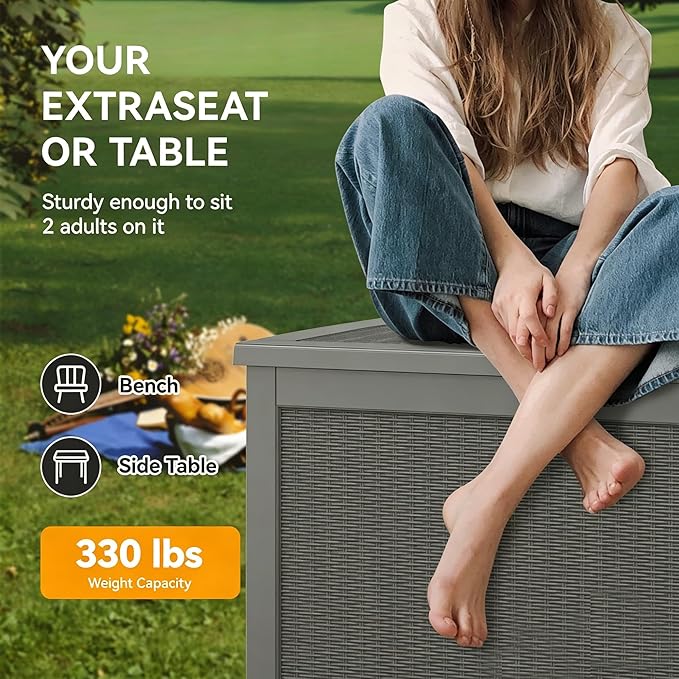 KAMABOKO 280 Gallon Outdoor Storage Box, Resin Deck Boxes Indoor and outdoor, Waterproof Storage Box Lockable Lid for Garden Tools, Package Delivery, Patio Cushions, Grey