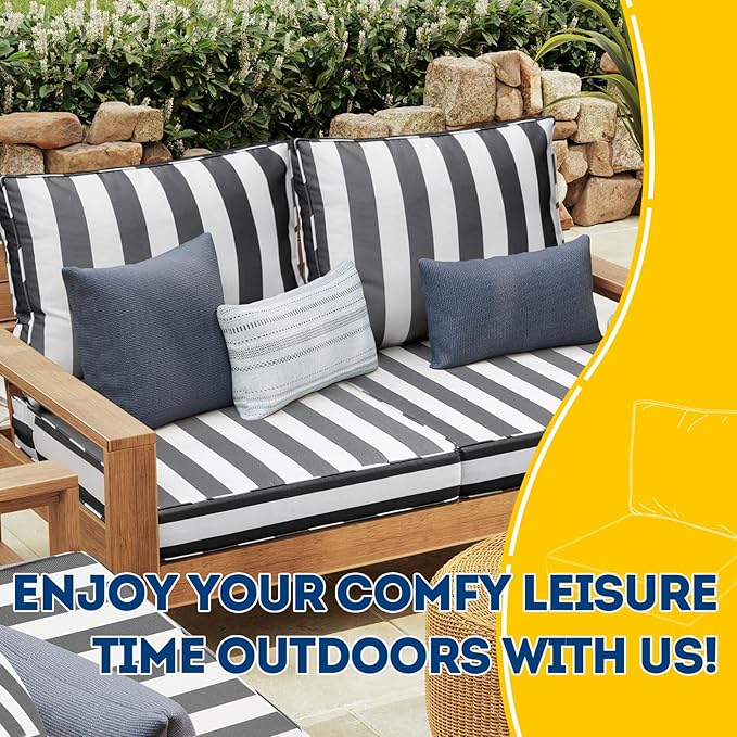 AAAAAcessories Outdoor Deep Seat Cushions with Double Welted Pillow, Waterproof, Fade-Resistant Patio Furniture Replacement Cushions, 24" x 24" x 5" + 24" x 19", Gray Cabana Stripe