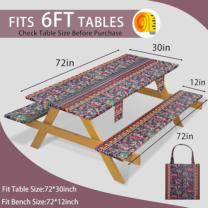 Fitted Waterproof Picnic Table Cover with Bench Covers Heavy Duty Elastic Outdoor Camping Tablecloth for 6 Foot Rectangle Tables Summer Rv Accessories Patio Garden Road Trip Essentials Gifts