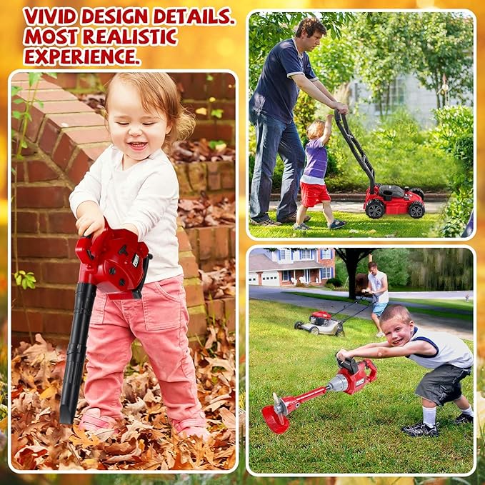 Arrowbash 4 Pcs Toy Gardening Tool Set for Kids Toy Leaf Blower Weed Trimmer Hedge Trimmer Push Lawn Mower Battery Play Set Christmas Birthday Party Gift for Boys Girls