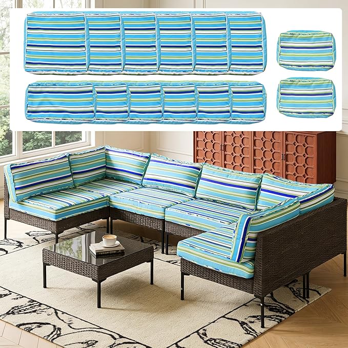 14Pcs Outdoor Cushion Covers Replacement Washable Waterproof UV w/Zipper for 6-Seaters Sofa Patio Slipcovers Set Seat and Back Covers Only (Aurora, 23.6x23.6inch)