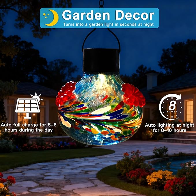 SAVENNA Hand Blown Glass Solar Hummingbird Feeder with Soft Night Light,17oz Leak-Proof Decorative Feeder for Outdoor Garden Patio Yard – Blue Phoenix Swirl