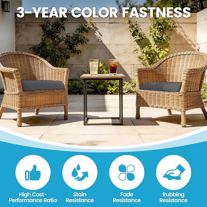 TasticTotes 24 x 24 x 4 Inch Patio Chair Cushions - Set of 2, Water-Resistant Patio Furniture Replacement Cushions with Adjustable Ties & Handles, Square Seat for Outdoor Furniture, Garden, Bay, Grey