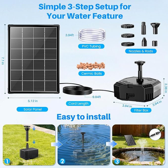 Biling 4W Solar Pond Filter and Fountain Pump Kit, Solar Water Pump for Bird Bath with Filter Box, Multiple Nozzles & PVC Tubing for DIY Water Features, Fish Tank and Small Ponds