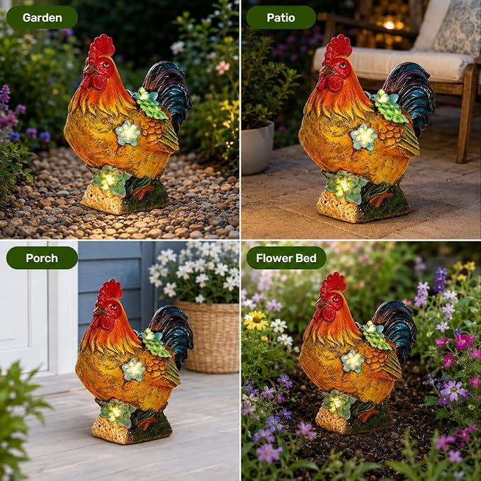 Solar Garden Statues Colorful Rooster and LED Lights Birthday Gifts for Women Mom Grandma Solar Outdoor Cat Decor for Outside,Outdoor Solar Lights for Yard, Garden and Patio, Unique Gift for Women
