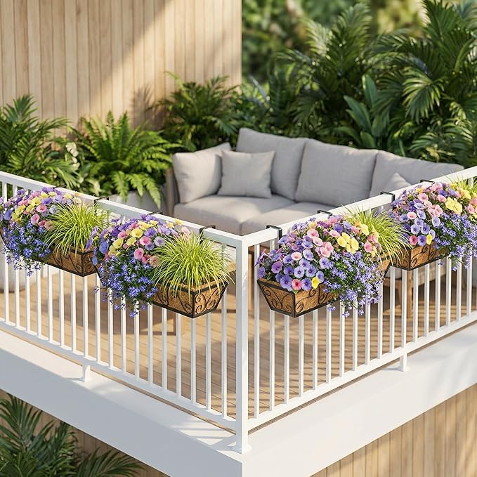 4PCS 30 Inch Railing Planter with Adjustable Brackets, Window Box with Coco Liner, Hanging Flower Box for Balcony Deck Fence, Metal, Black