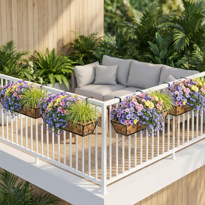HFHOME 30 Inch Railing Planter Box with Coco Liners for Deck, Porch, Fence, Patio, Balcony Hanging Flower Railing Baskets with Adjustable Brackets, Outdoor Garden - 4 Packs