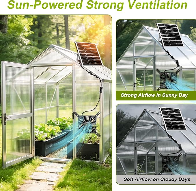 7.1" Solar Powered Exhaust Fan, 16.5 ft Cord + 25W Solar Panel Greenhouse Ventilation Fan, 3800RPM IPX7 Waterproof Solar Vent Fan for Chicken Coop, Shed, Dog House, Outdoor Intake & Exhaust