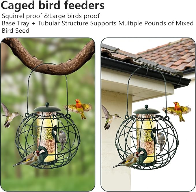 Squirrel Resistant Bird Feeder - Outdoor Hanging Wild Bird Feeder, Weatherproof Metal Tube Feeder for Finches & Small Birds, Green