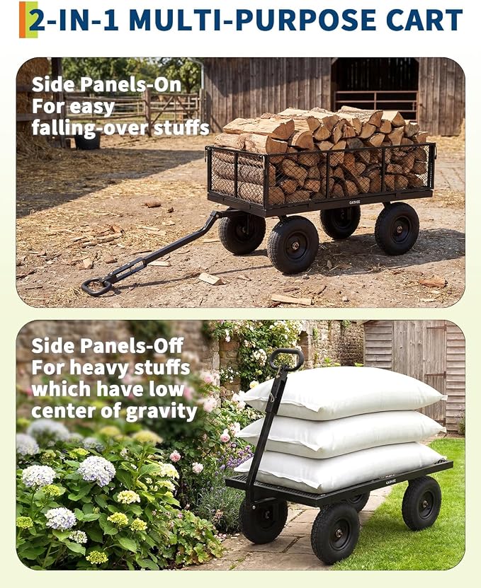 Garvee Versatile Outdoor Utility Cart-1000LBS Heavy-Duty, 13" All-Terrain Pneumatic Tires, Vehicle-Connectable, Easy Maneuverable Lawn Cart with Removable Mesh Panels for Gardening & Landscaping,Black