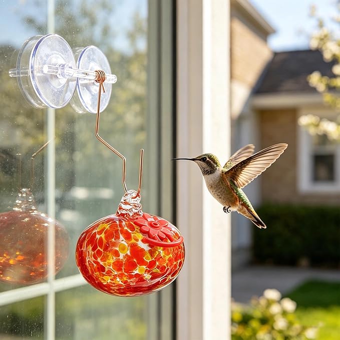 QFkris Blown Glass Hummingbird Feeder with Suction Cups for Window, Small Hummingbird Feeder with Flower Feeding Ports for Outside Garden Backyard Decor, Gifts for Women Mom(Orange)