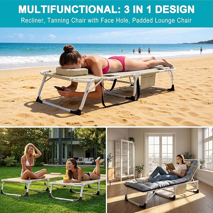ABORON Sun Tanning Chair, 3 in 1 5 Positions Adjustable Heavy Duty Folding Chaise Lounge Chairs, Oversized with Mat/Pillow/Face Arm Hole, for Beach Pool Lawn Yard Patio